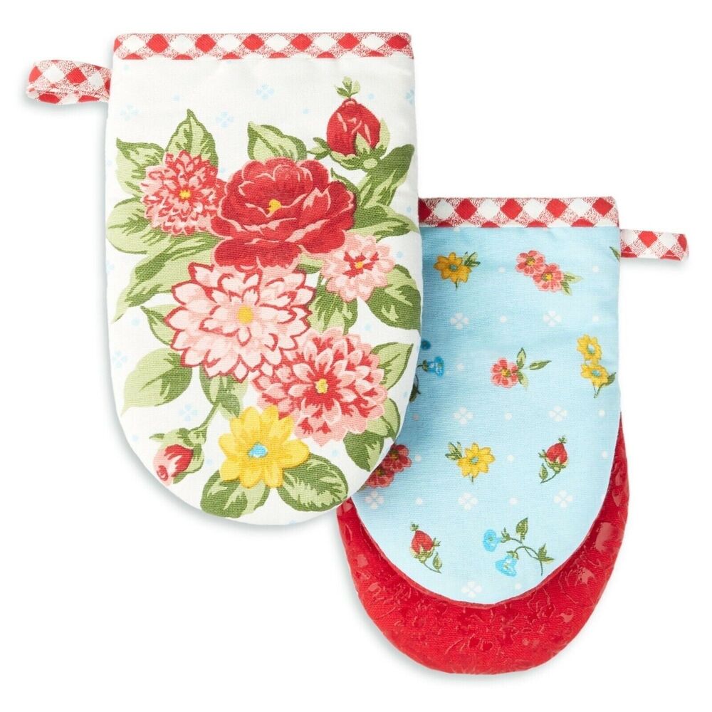 Pioneer Woman Sweet Rose Mini Kitchen Oven Mitts 2-Pc Floral Cotton Gingham Gift